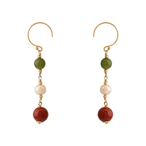Pendientes de perlas de agua dulce con jade nefrita y cornalina en oro de 14K lleno