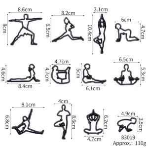 Uitgebreide set van 12 yoga-pose koekjessnijders met gedetailleerde metrische afmetingen