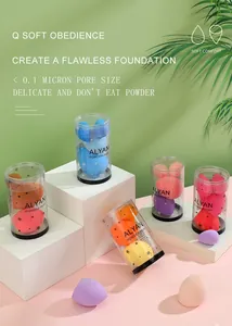 Close-up detail of multi-colored ALYAN makeup sponge sets in snowflake cylindrical tubes.