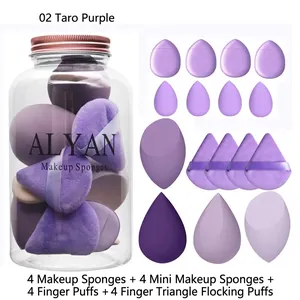 Set de 16 esponjas de maquillaje moradas con tarro incluyendo blenders y borlas