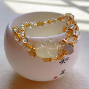 Natural Citrine Rutilated Quartz Bracelet With Cat Pendant For Women Moonstone Double Row Beaded Wealth Bracelet Jewelry Gift