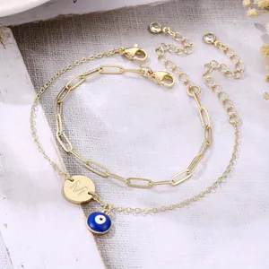 Stainless Steel Double Layer Paperclip Chain Alphabet Round Disc Pendant Evil Eye Bracelet For Women Gold Fashion Jewelry