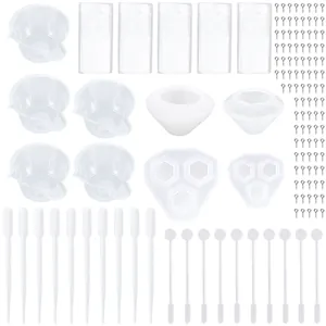 Set de 134 herramientas para resina DIY con moldes de silicona y pipetas.