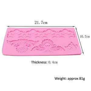 Detailed view of pink floral silicone lace mat with dimensions of 21.7cm x 10.7cm x 0.4cm.