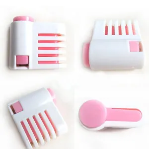 Detailed multi-angle views of a pink and white plastic cake slicer and bread leveler tool.