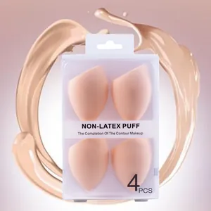Close-up of 4pcs non-latex makeup sponges in clear box with foundation splash