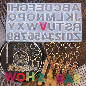 Ensemble de Moules DIY Résine Alphabet Chiffres Moule en Silicone Avec Tiges Foret à Main Porte-Clés Pour Fabrication Bijoux