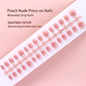 Translucent peach nude press-on nail tips, 30pcs per strip, available in sizes XS/S/M.