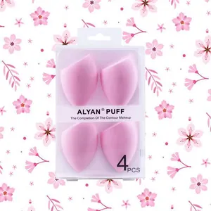 Close-up view of a 4-piece pink slanted makeup sponge set in a transparent box packaging.