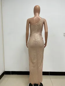 Back view of elegant rose gold one-shoulder sequin maxi dress for formal evening party