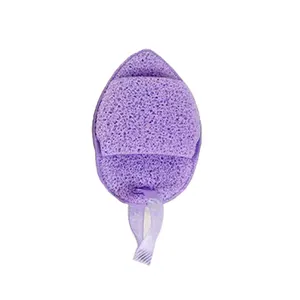 Purple teardrop-shaped facial cleansing sponge with soft glove-style pocket
