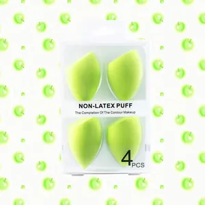 Detailed view of 4pcs lime green non-latex slanted beauty blender sponges in box