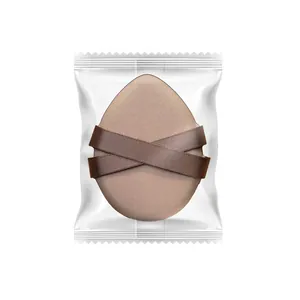 Professional brown teardrop makeup puff with double ribbons in clear sealed plastic bag