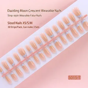 Nude French tip press-on nails with light blue crescent moon design, 30 pieces strip