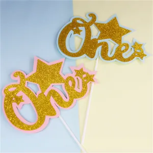 Glitter Gold One First Birthday Cake Topper Double Layer Star Design For Boy Girl Birthday Party Baking Decoration Toppers