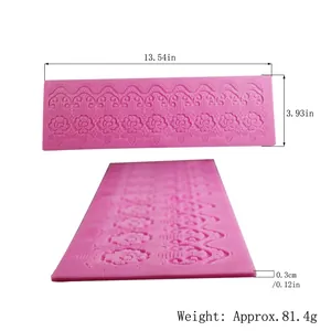 Detailed dimensions of pink silicone fondant lace mold for cake decoration, 34.4x10x0.3cm.