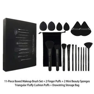 Professional 11 Piece Makeup Brush Set Black Wood Handle Synthetic Fiber Hair With Storage Bag And Gift Box For Women