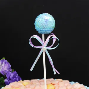 Sparkling light blue sequin ball cake topper for festive birthday dessert decoration