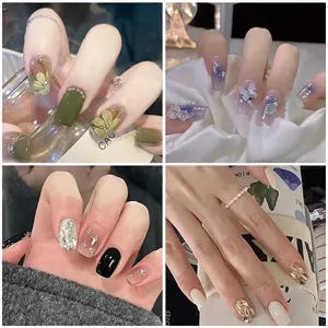 French Press On Nails With Gradient Colors Butterfly Rhinestone Artificial Pearl Decor For Women Daily Party Manicure