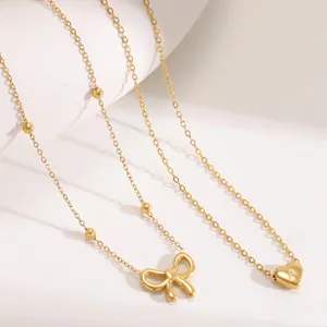 Fashion Layered Copper Necklace With Heart Initial Letter Pendant Bowknot Beaded Chain Gold Plated Jewelry For Women Gift