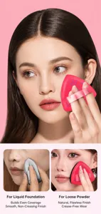 Comparison showing makeup application with soft triangular sponge puff on Asian model