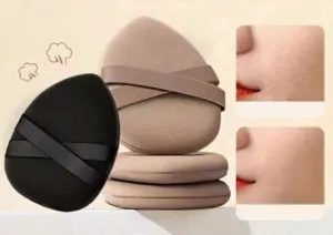 Dettaglio macro di piumini da trucco a forma di goccia con doppi nastri per una finitura perfetta