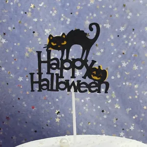 Halloween cake topper featuring a black cat and pumpkin design, dimensions 9.5x8.5cm