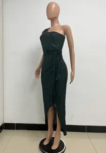 Elegant dark green one-shoulder sequin dress featuring a draped waist and slit hemline