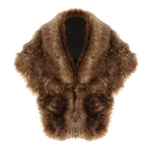 Front view detail of a plush brown faux fur bridal shawl wrap with soft texture.