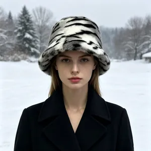 Vue détaillée d'un chapeau cloche en fausse fourrure à motif zébré pour l'hiver froid.