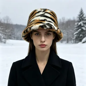 Gros plan d'un bob en fausse fourrure de vison imprimé tigre pour la chaleur hivernale.