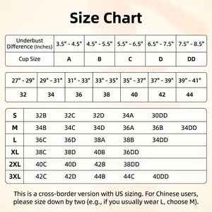 Comprehensive US standard size chart for seamless wireless push-up bras for women