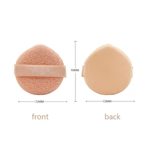 Detailed dimensions and side view of the peach-colored double-sided makeup cushion puff