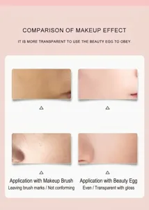 Close-up comparison of makeup foundation application using a beauty blender sponge