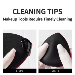 Instructional cleaning steps for a soft black triangular makeup sponge powder puff tool