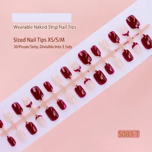 Set of 30 glossy wine red and beige pre-made press-on nails in various sizes XS S M