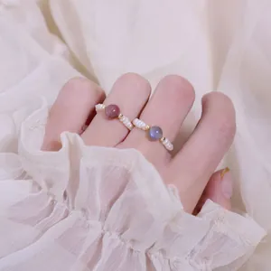Retro Natürliche Süßwasserperle Perlenring Für Damen Vintage Leichter Luxus Elastischer Mondstein Erdbeerquarz Edelstein Fingerring