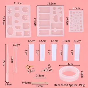 Detailed dimensions of 229pcs jewelry resin mold set including silicone molds and tools