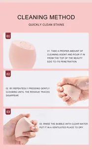 Step-by-step professional cleaning guide for a pink teardrop-shaped makeup sponge blender.