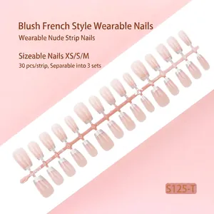 Gedetailleerd overzicht van 30 zilveren French tip blush plaknagels in XS/S/M maten
