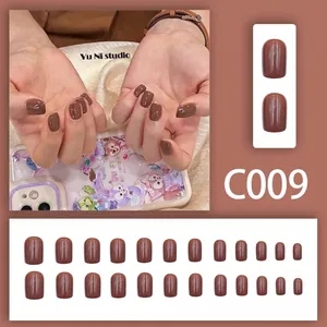 Glossy brown short square press-on nails set with 24 pieces manicure kit for women