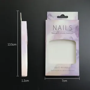Close-up detail of marble pattern nail packaging box showing dimensions 13.5x7x1.2cm