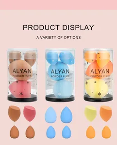 Detailed view of ALYAN makeup sponge sets with snowflake patterns and teardrop sponges