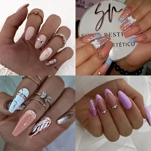Set Unghie Finte Dolci e Delicate Con Colla Fiocco Smeraldo Strass Marmo Stile Francese Unghie Lunghe Per Donna Decorazione Unghie Quotidiana