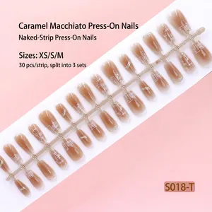 Caramel macchiato translucent press-on nail strip with 30 pieces in sizes XS, S, and M