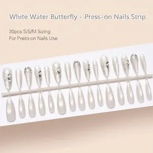Long Almond Press On Nails Butterfly Cat Eye Rhinestone 3D Decorative Fake Nails Sweet French Style Artificial Nails DIY Manicure Kit