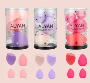 Diverse ALYAN makeup sponges in snowflake canisters for wet and dry application.