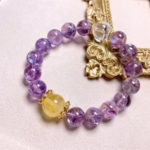 Natural Azeztulite Amethyst Beaded Bracelet For Women Purple Ice Crack Crystal DIY Sparkle Charm Bracelet Alloy Crown Spacer Jewelry
