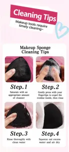 Step-by-step cleaning guide for a professional black triangular makeup puff blender sponge