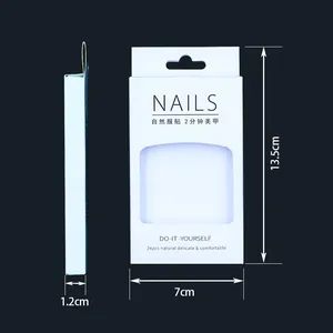 Dimensions of white press-on nail packaging box with transparent window and hanger
